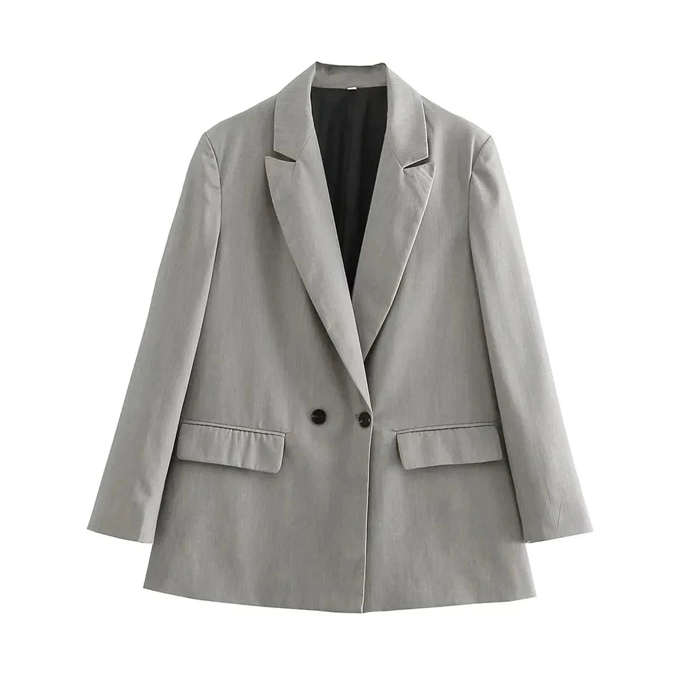 Women Fashion Double Breasted Loose Fitting Blazer Coat Vintage Long Sleeve Pockets Female Outerwear Chic Veste Femme