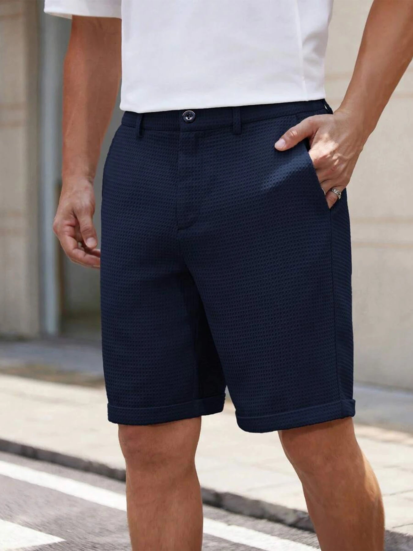 Men's Slim-Fit Waffle Texture Shorts Solid Color Button Waist Summer Casual Outdoor Pants Multi-Color Options Available
