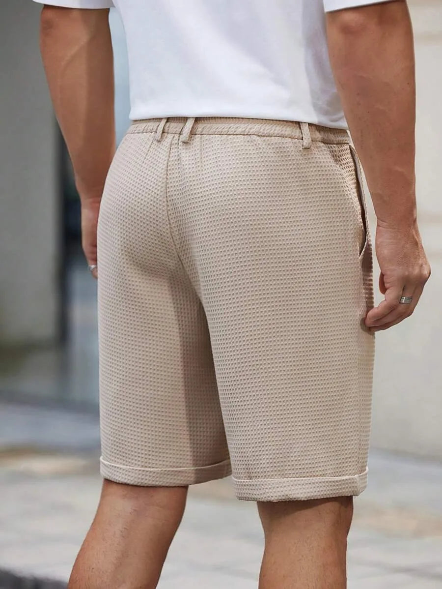Men's Slim-Fit Waffle Texture Shorts Solid Color Button Waist Summer Casual Outdoor Pants Multi-Color Options Available