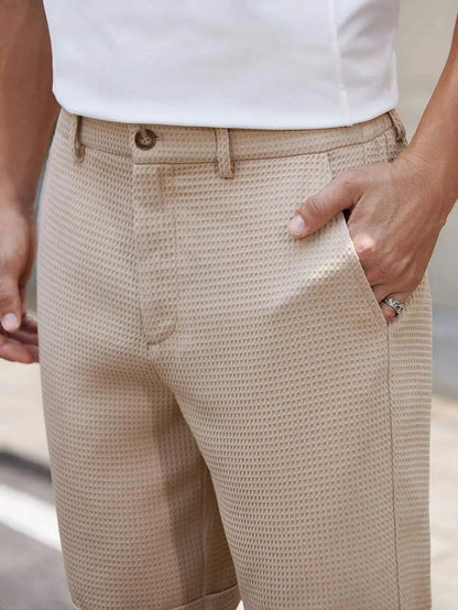 Men's Slim-Fit Waffle Texture Shorts Solid Color Button Waist Summer Casual Outdoor Pants Multi-Color Options Available