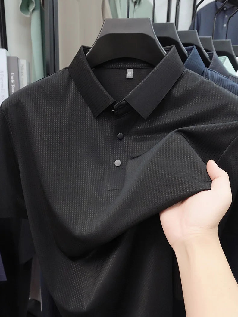 Personalized fashion jacquard short sleeve Polo shirt ice silk breathable summer new men's luxury leisure solid color T-shirt