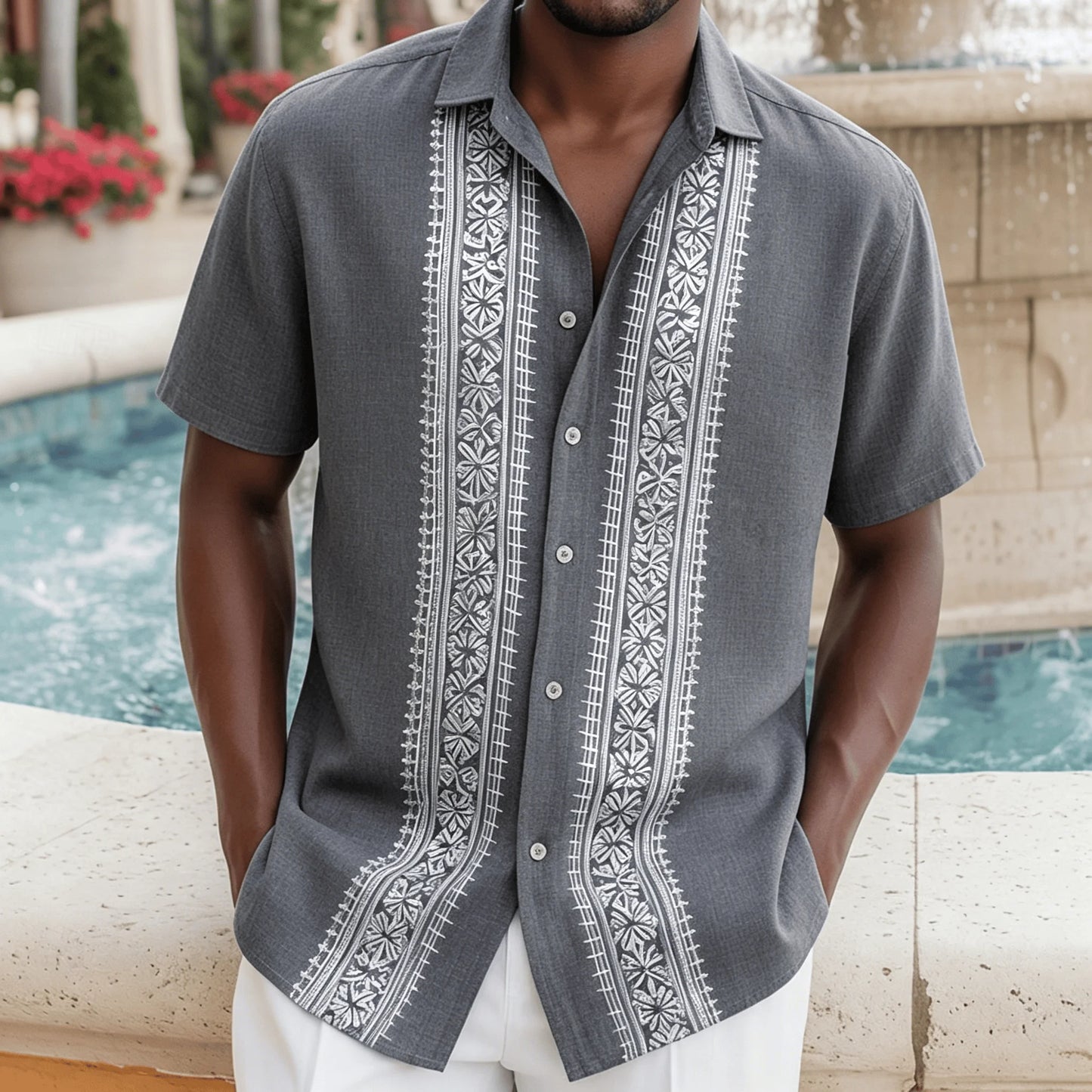 Men's Beige Floral Striped Shirt, Boho Guayabera Style Short Sleeve, Casual Spring Summer