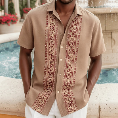 Men's Beige Floral Striped Shirt, Boho Guayabera Style Short Sleeve, Casual Spring Summer