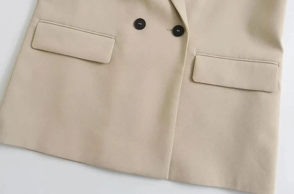 Women Fashion Double Breasted Loose Fitting Blazer Coat Vintage Long Sleeve Pockets Female Outerwear Chic Veste Femme