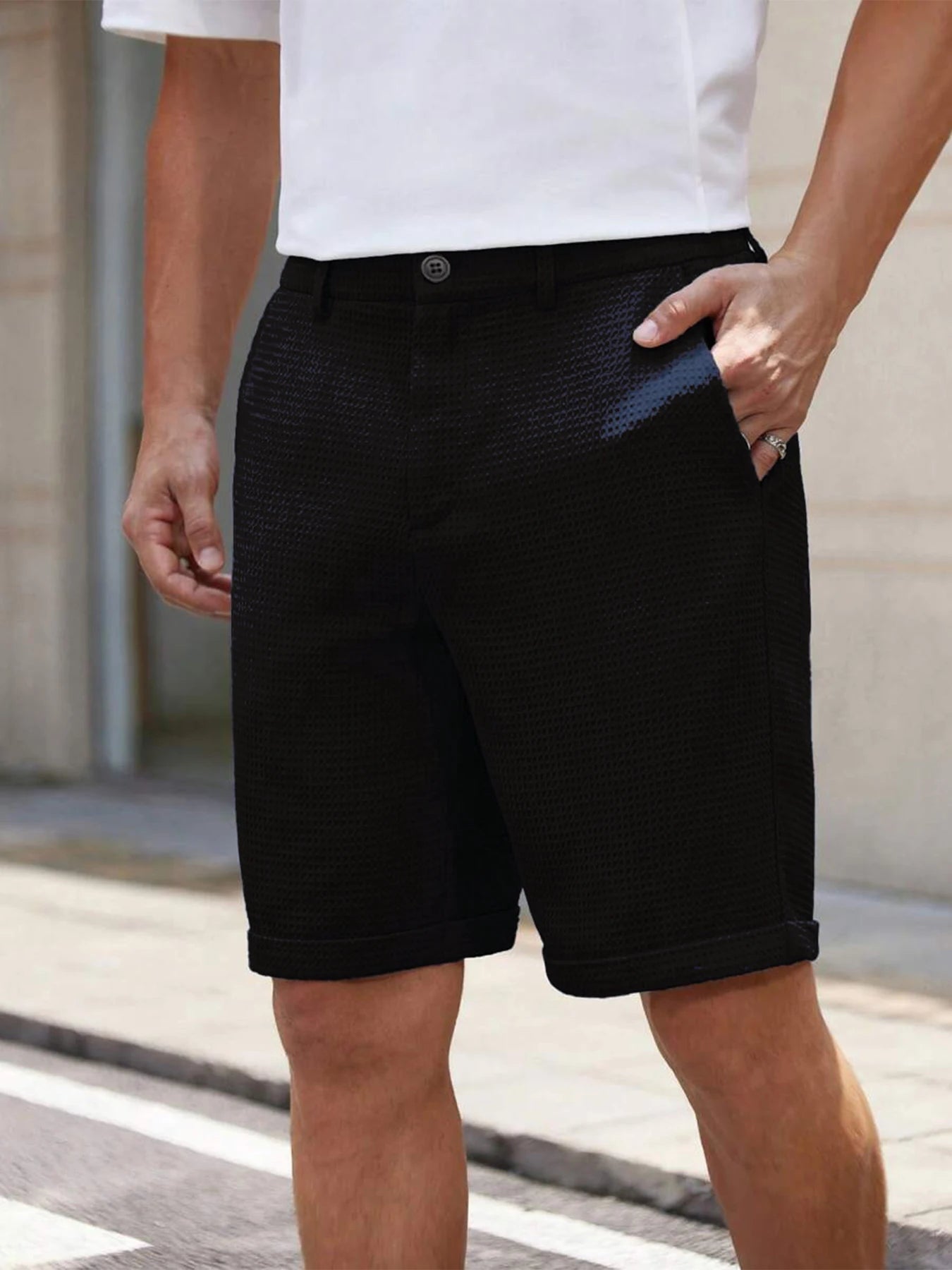 Men's Slim-Fit Waffle Texture Shorts Solid Color Button Waist Summer Casual Outdoor Pants Multi-Color Options Available