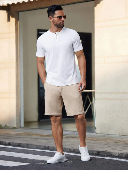 Men's Slim-Fit Waffle Texture Shorts Solid Color Button Waist Summer Casual Outdoor Pants Multi-Color Options Available