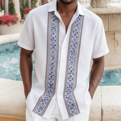 Men's Beige Floral Striped Shirt, Boho Guayabera Style Short Sleeve, Casual Spring Summer