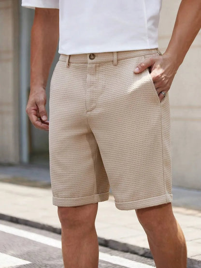 Men's Slim-Fit Waffle Texture Shorts Solid Color Button Waist Summer Casual Outdoor Pants Multi-Color Options Available