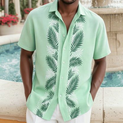Men's Beige Floral Striped Shirt, Boho Guayabera Style Short Sleeve, Casual Spring Summer