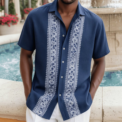 Men's Beige Floral Striped Shirt, Boho Guayabera Style Short Sleeve, Casual Spring Summer