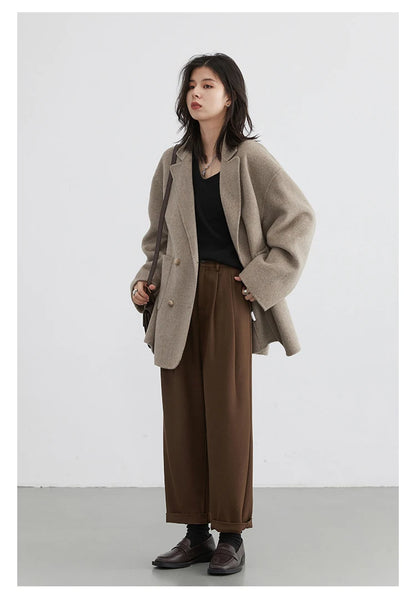 CHIC VEN Women's Woolen Coats Loose Casual Double Breasted Retro Double-sided Jacket Office Lady Outerwear Autumn Winter 2026