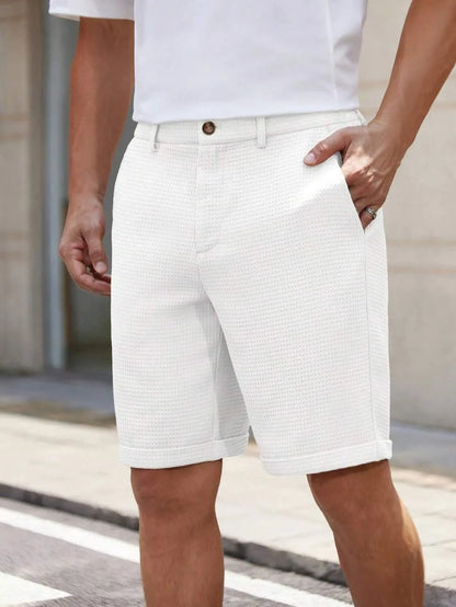 Men's Slim-Fit Waffle Texture Shorts Solid Color Button Waist Summer Casual Outdoor Pants Multi-Color Options Available