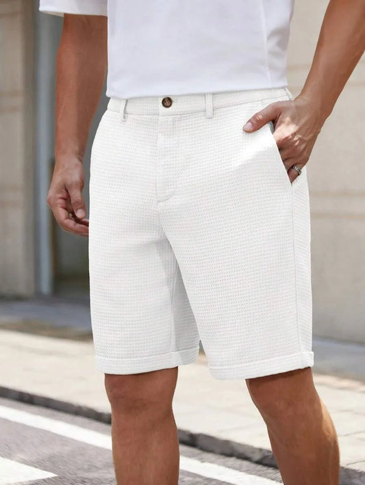 Men's Slim-Fit Waffle Texture Shorts Solid Color Button Waist Summer Casual Outdoor Pants Multi-Color Options Available